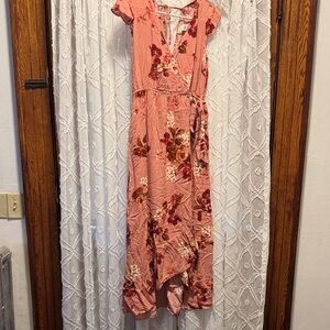 Floral Pink High-Low Wrap Dress with Waist Tie